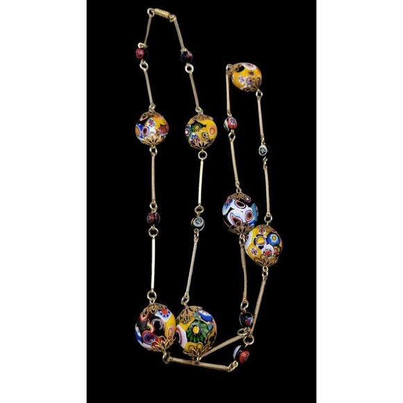 Venetian Murano Millefiori Art Glass Bead Necklace Bar Link Stations 40" Opera - Picture 3 of 16